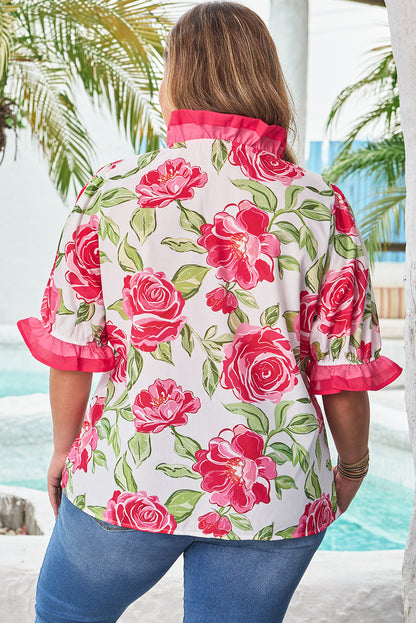 Rose Plus Size Floral Print Frilled Stripes Detail Short Sleeve Blouse