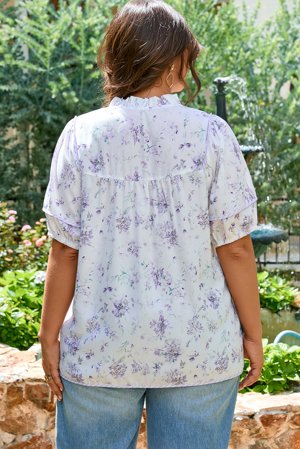 Purple Floral Trimmed Detail Split Neck Plus Size Top