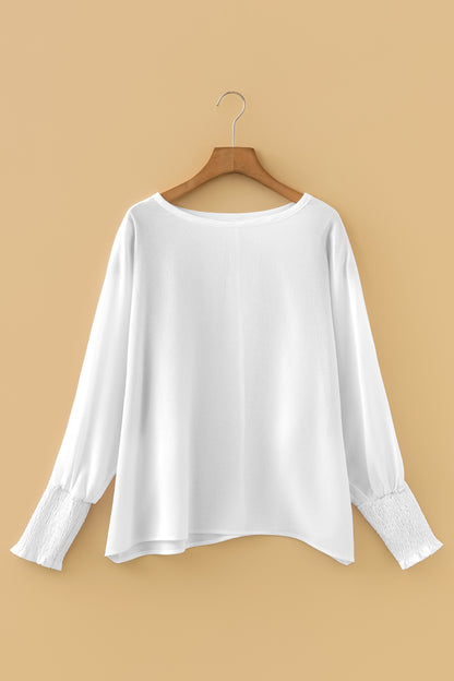 White Smocked Cuffs Semi Sheer Long Sleeve Dolman Blouse