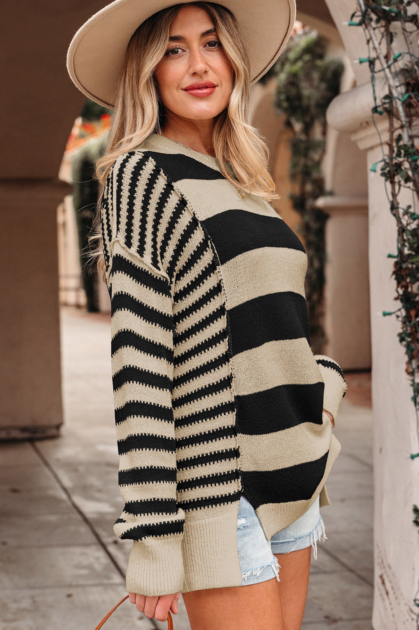 Brown Stripe Drop Shoulder Sleeve Patchwork Baggy Sweater