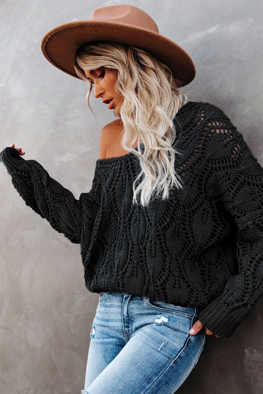 Black Crochet Knit Ribbed Hem Hollow-out Sweater