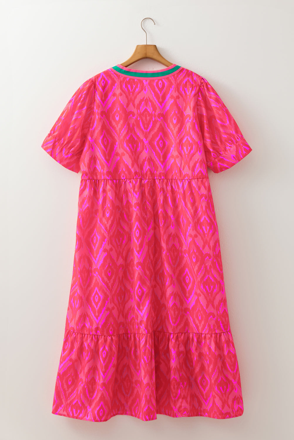 Red Allover Print Contrast Split Neckline Short Puff Sleeve Curvy Dress