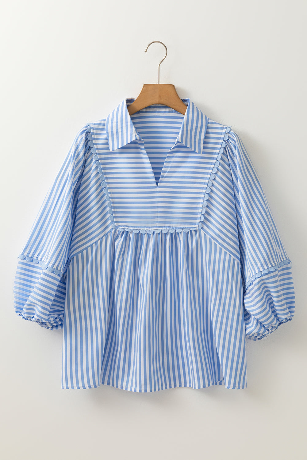 Sky Blue Stripe Shirt Collar V Neck Ricrac Trim 3/4 Puff Sleeve Blouse