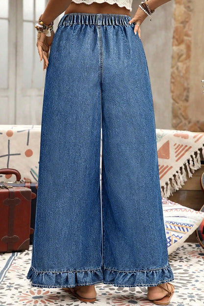 Sail Blue Plus Size Elastic Waist Ruffled Wide Leg Denim Pants