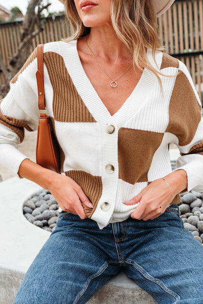 Khaki Checkered Pattern Ribbed Detail Button V Neck Sweater Cardigan