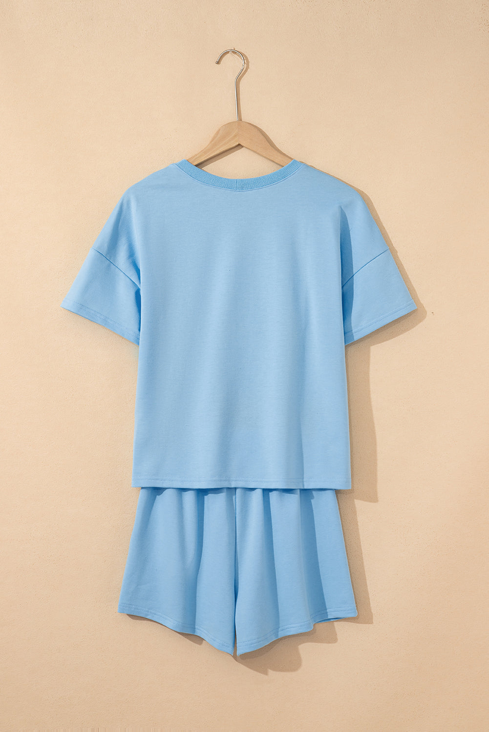 Myosotis V Neck Drop Shoulder Tee and Patchwork Drawstring Elastic Waistband Shorts Set