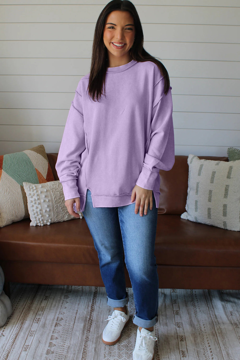 Lavendula Horizontal Ribbed Exposed Seam Detail Drop Shoulder Baggy Pullover