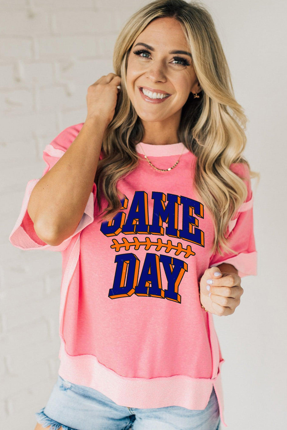 Peach Blossom Raw Seam Patchwork GAME DAY Letter Graphic Loose Tee