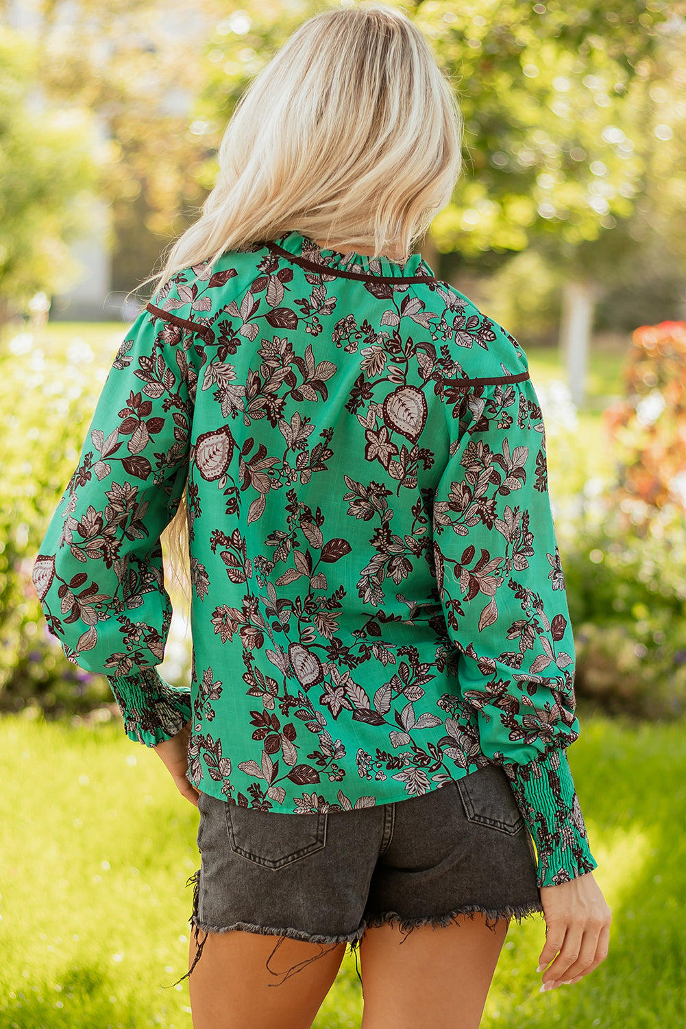 Green Leaves Print Contrast Trim V Neck Shirred Puff Sleeve Blouse