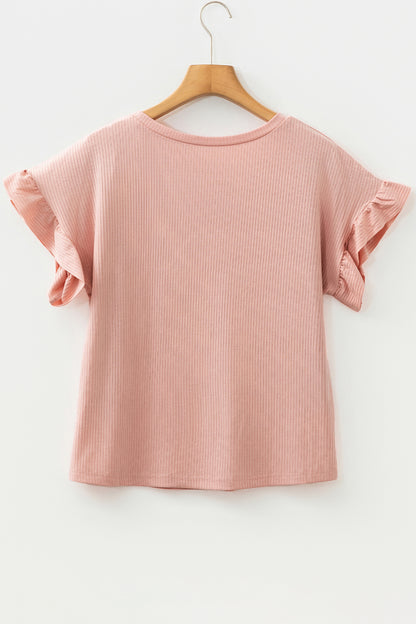 Dusty Pink Solid Color Ribbed Ruffled Short Sleeve T Shirt