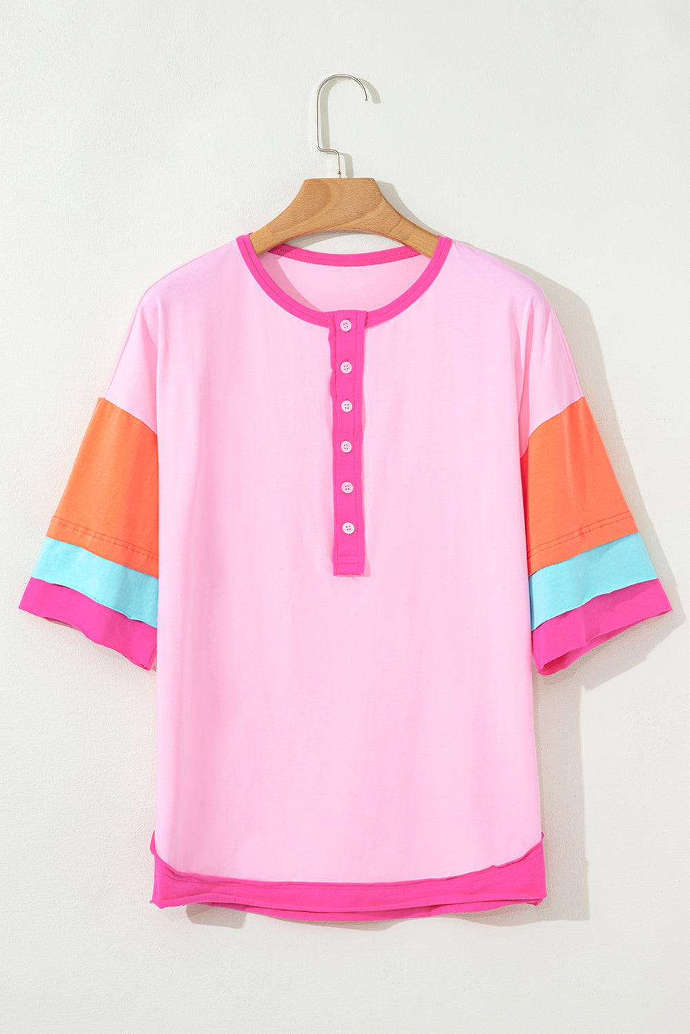 Pink Solid Color Half Sleeve Buttons Henley Top