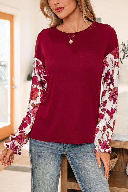 Wild Ginger Contrast Floral Sleeve Solid Ribbed Body Patchwork Long Sleeve Top