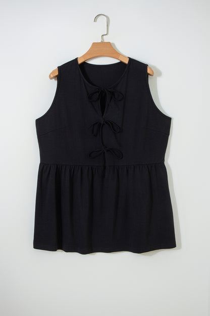 Black Plus Size Solid Color Bow Tie Peplum Tank Top