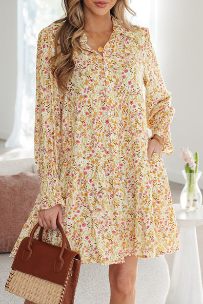 Yellow Floral Print Frilly Trim Smocked Cuff Long Sleeve Loose Shirt Dress