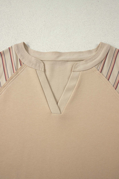 Parchment Striped Raglan Sleeve Notched Neck Raw Edge Plus Size Jumper