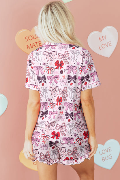 Pink Cute Ribbon Bows Printed Shirt Style 2pcs Short Pajama Set