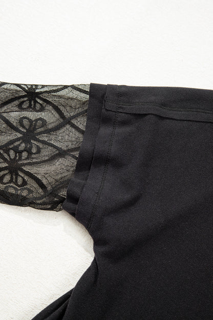 Black Solid Color Bow Textured Patchwork Long Sleeve Tee