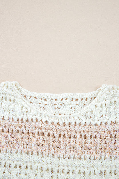 Pink Hollow-out Colorblock Drop Shoulder Casual Sweater