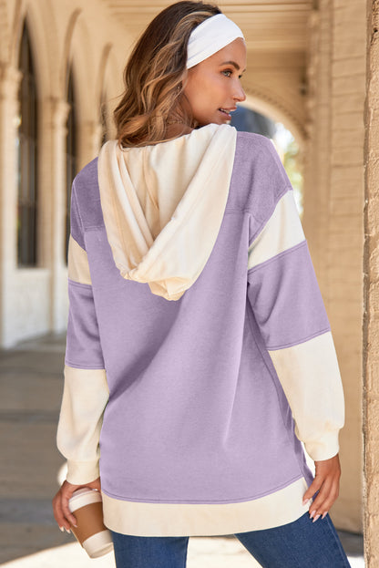 Black Waffle Contrast Knit Color Block Patchwork Button Front Oversize Hoodie