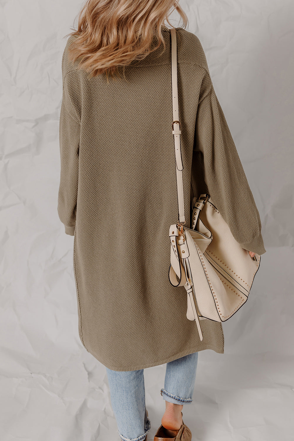 DUNE Solid Color Textured Knit Open Front Oversize Midi Sweater Cardigan