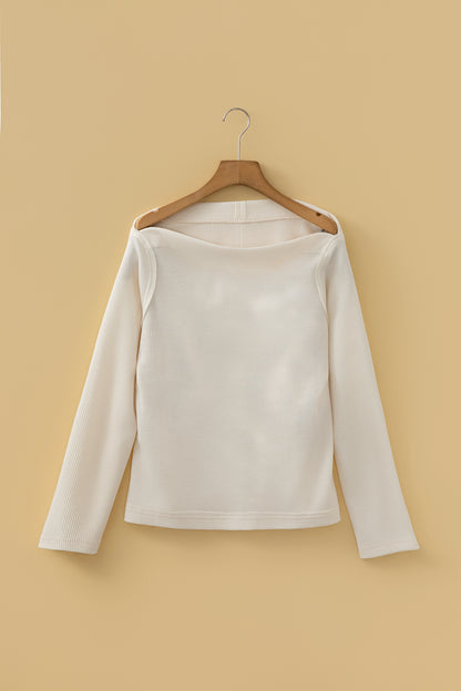 Old Rose Solid Color Waffle Knit Asymmetric Neck Long Sleeve Top