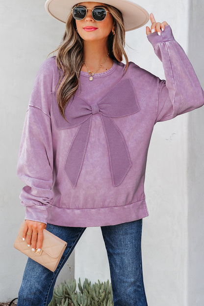 Bright Pink Mineral Wash Big Bow Patchwork Pullover Sweatshirt