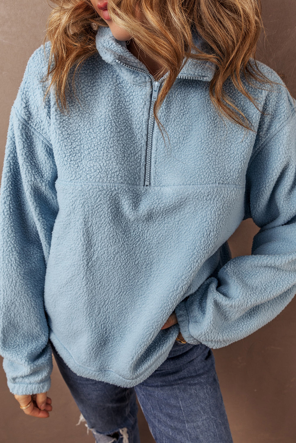 Myosotis Collared Zipper Drop Shoulder Fleece Sweatshirt