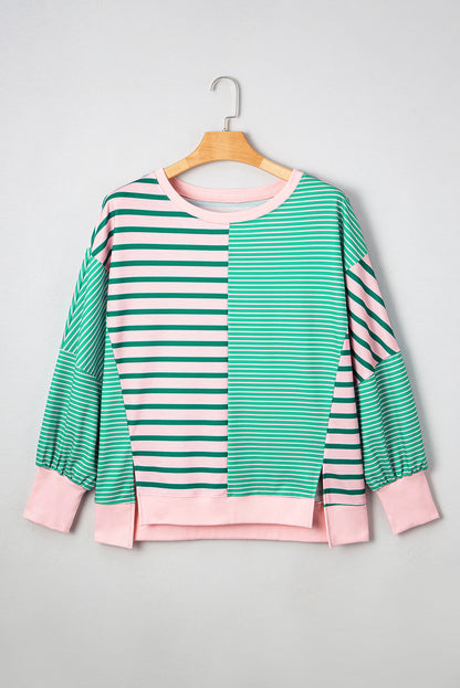 Green Stripe Color Block Exposed Seam Side Slit Plus Size Sweatshirt