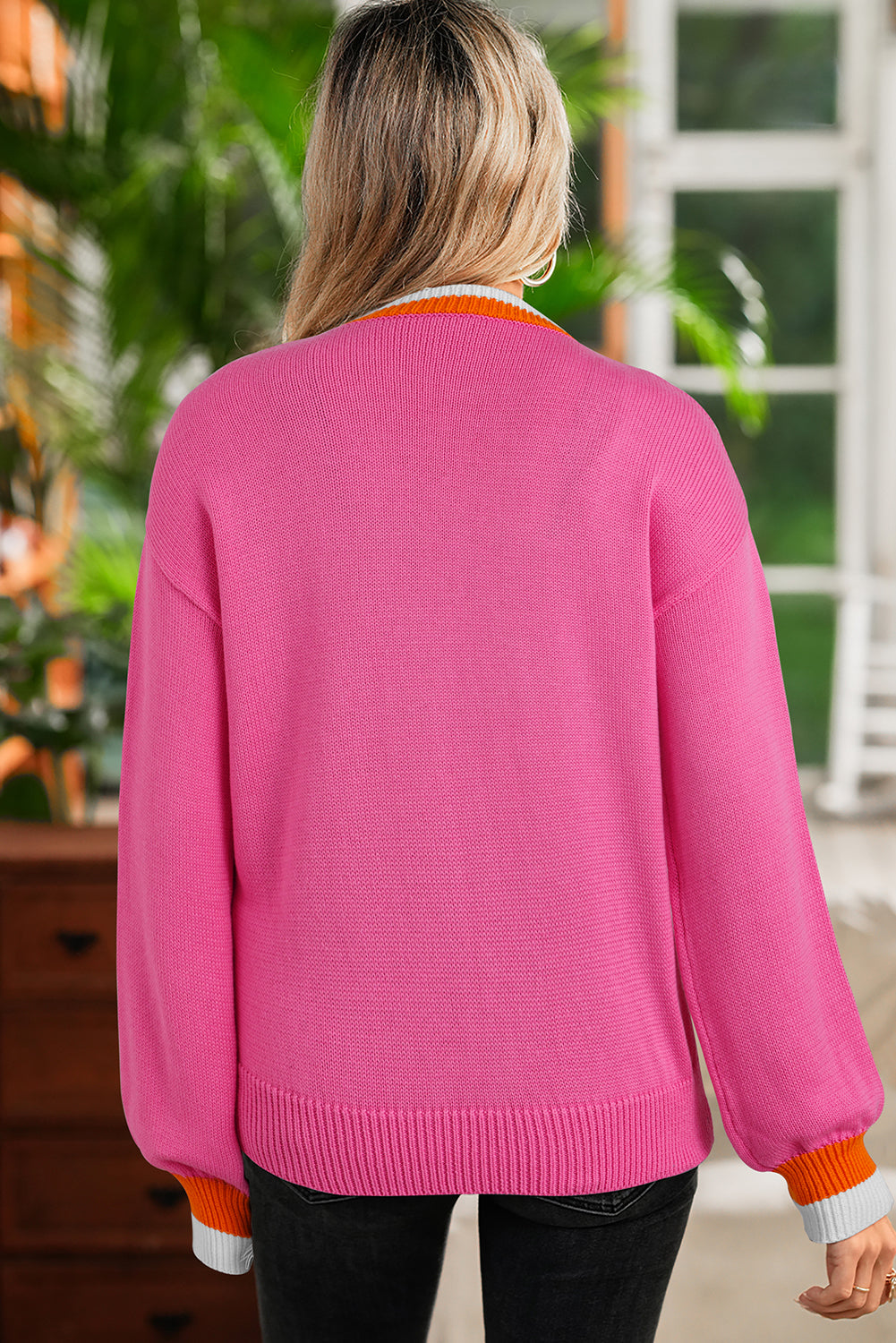 Sachet Pink Contrast Crew Neck Pearled Decor Drop Shoulder Knit Sweater