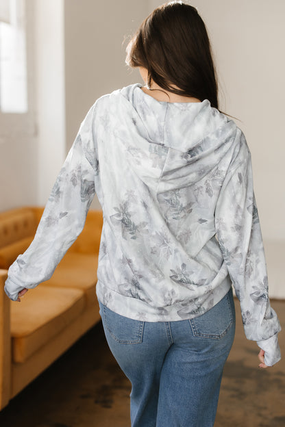 Gray Camo Leaf Print Kangaroo Pocket Quarter Zip Hoodie