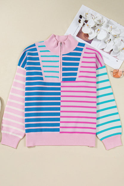 Sky Blue Stripe Colorblock Patchwork Plus Size Half Zip Sweater