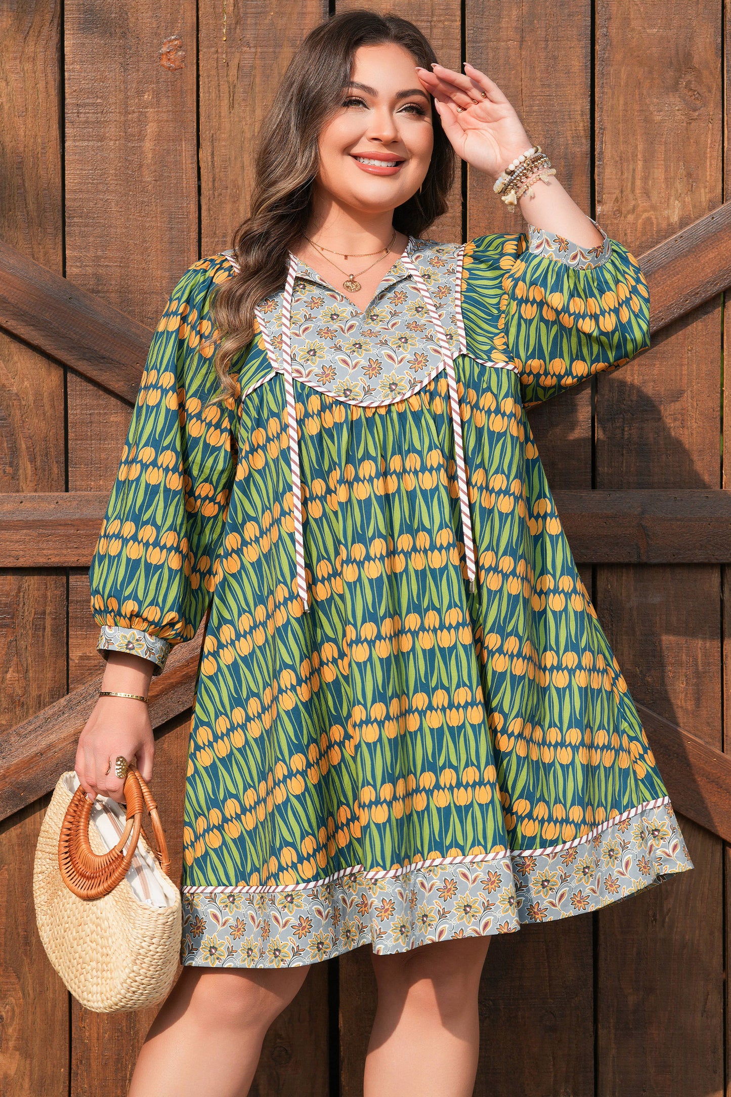 Green Plus Size Mixed Floral Print Striped Trim Loose Mini Dress