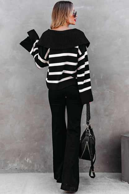 Black Caped V Neck Slit Sleeve Striped Sweater