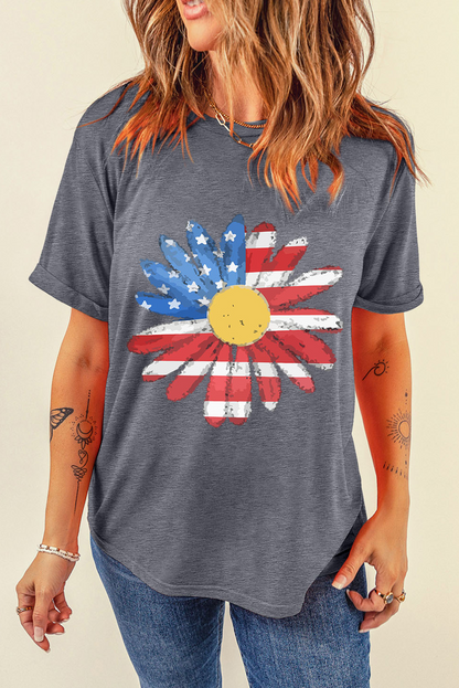 Gray Flag Pattern Sunflower Graphic Crew Neck Tee
