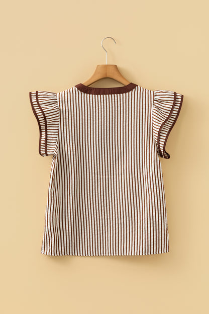 Khaki Stripe Double Ruffled Short Sleeve V Neck Blouse
