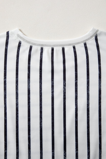 Khaki Stripe Colorblock 3/4 Sleeve Loose T Shirt