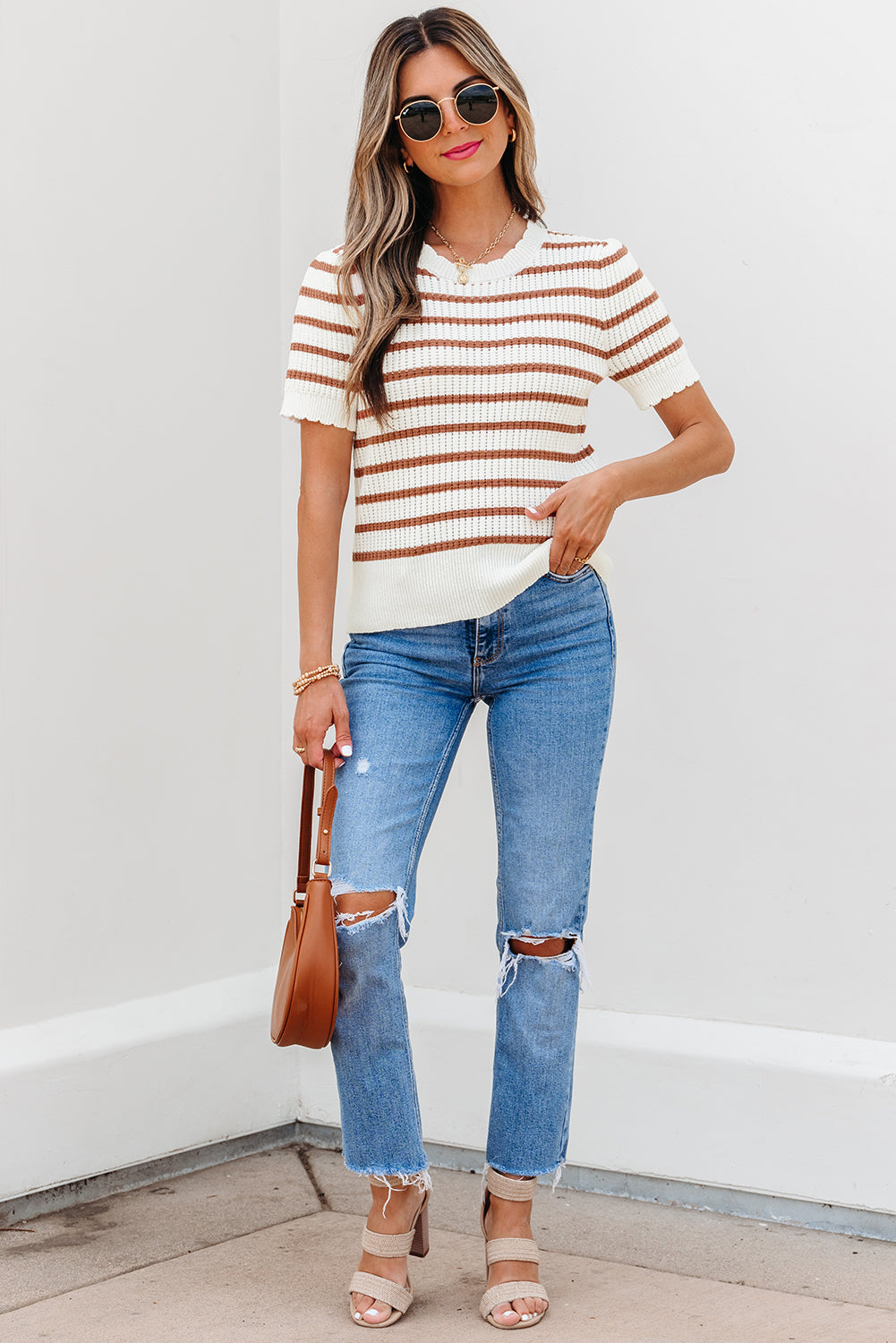 Khaki Stripe Scalloped Round Neck Short Sleeve Sweater