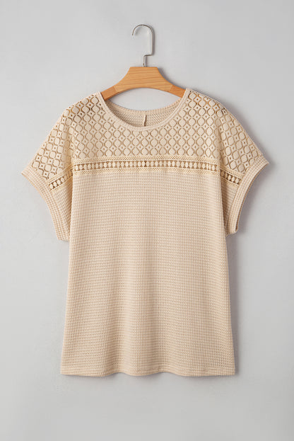 Oatmeal Lace Patchwork Waffle Short Sleeve Plus Size Top
