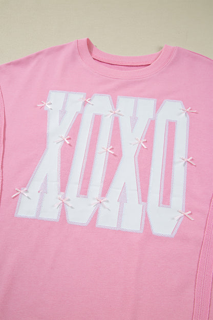Black Bow Sequin XOXO Letter Graphic Exposed Seam Baggy Sweatshirt
