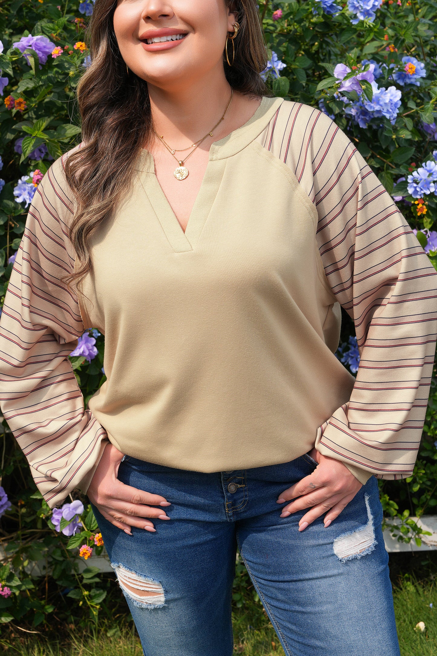 Parchment Striped Raglan Sleeve Notched Neck Raw Edge Plus Size Jumper