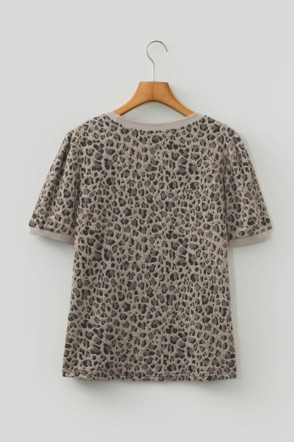 Khaki Textured Leopard Print Crew Neck Short Sleeve Top