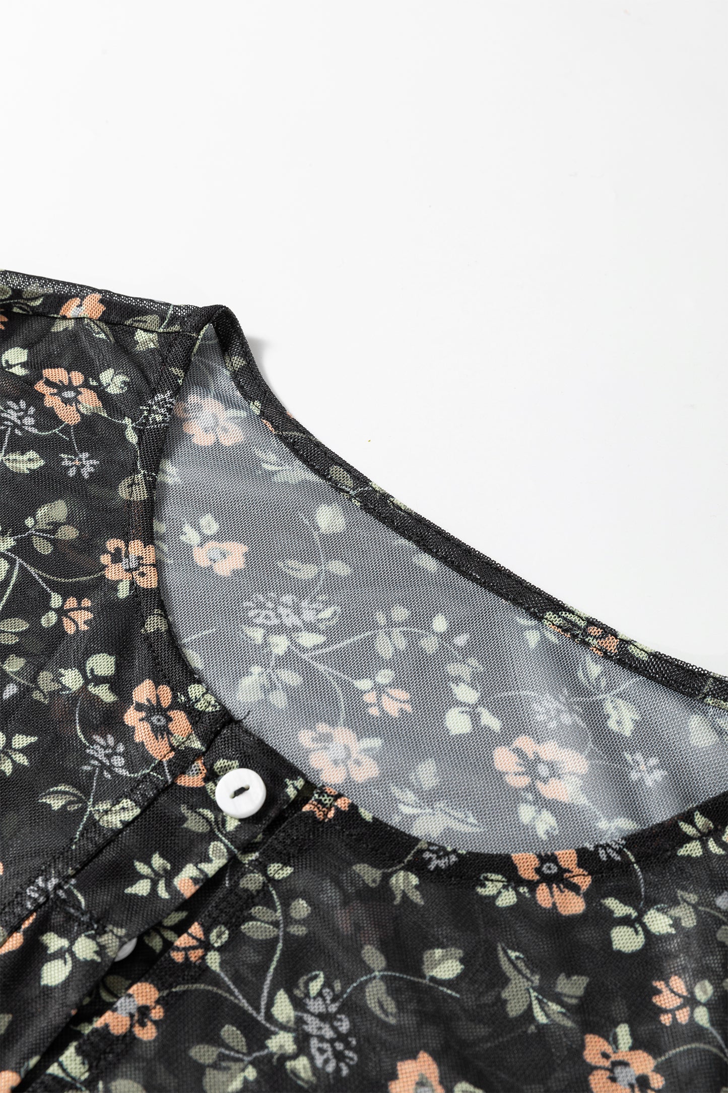 Black Floral Print Mesh Tank Button Front Slim Cardigan 2pcs Set