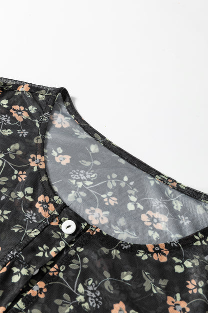 Black Floral Print Mesh Tank Button Front Slim Cardigan 2pcs Set