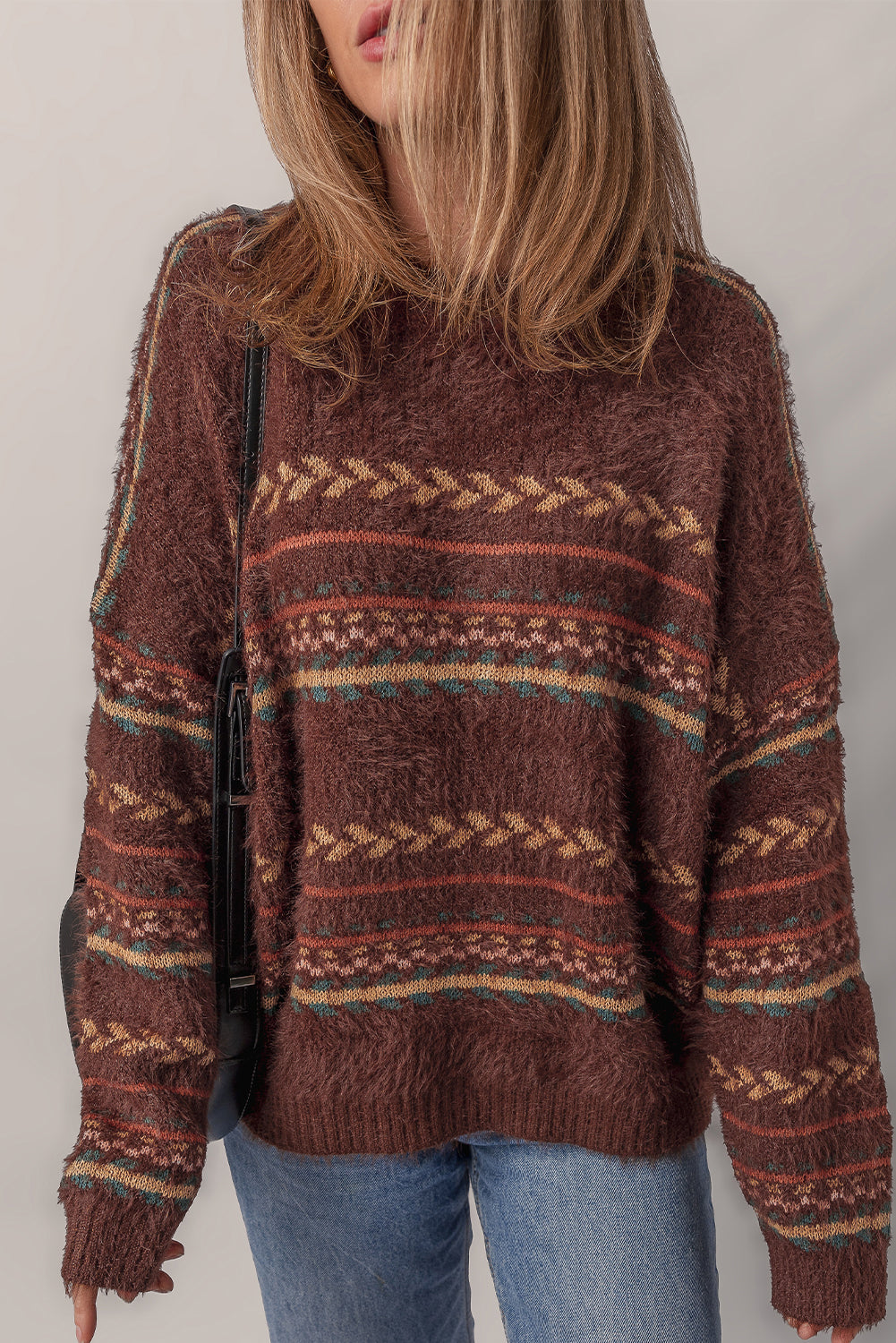 Brown Ethnic Pattern Mohair Knitted Drop Shoulder Sweater