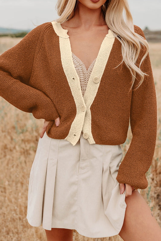 Chestnut Contrast Knit V Neckline Short Cardigan