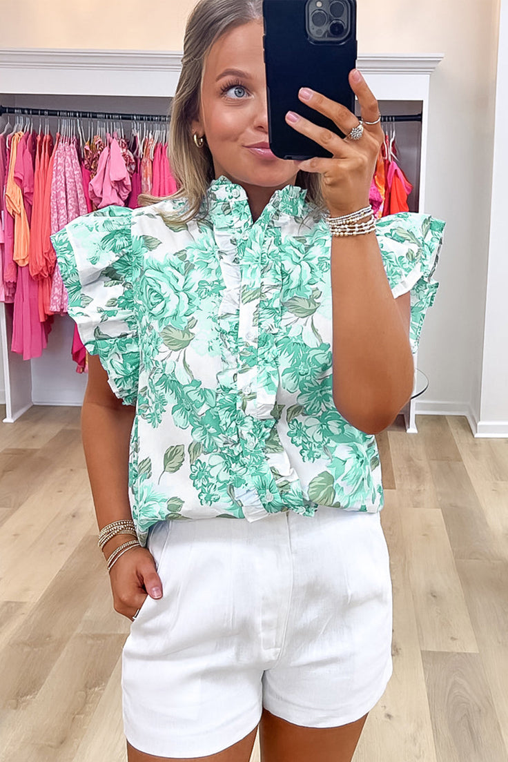 Green Floral Print Ruffle Sleeve Frilly Button Up Shirt