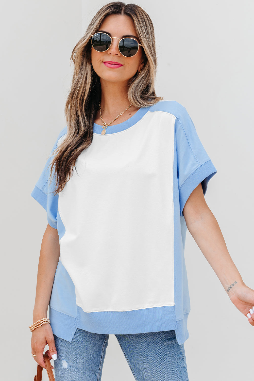 Sky Blue Color Block Exposed Seam Crew Neck T Shirt