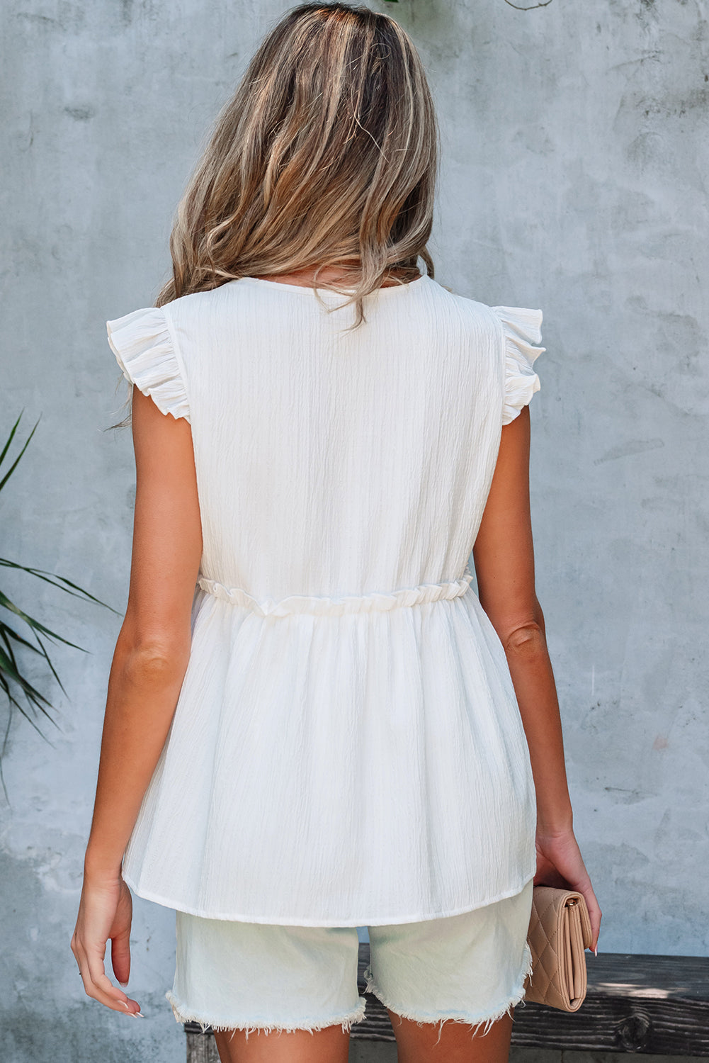 White Textured Ruffled Trim V Neck Flutter Flowy Top