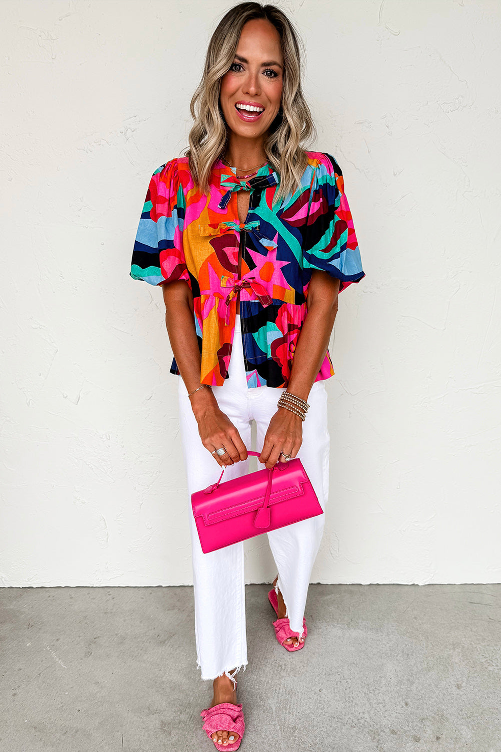 Red Abstract Floral Print Front Tied Puff Sleeve Babydoll Blouse