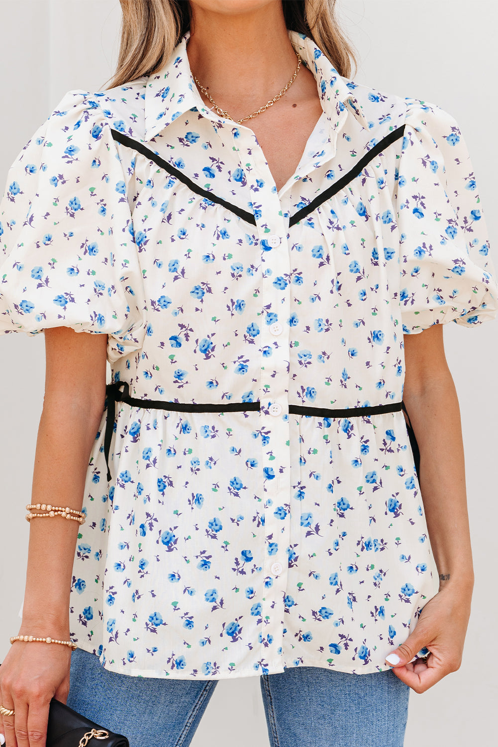 White Contrast Trim Floral Puff Short Sleeve Shirt